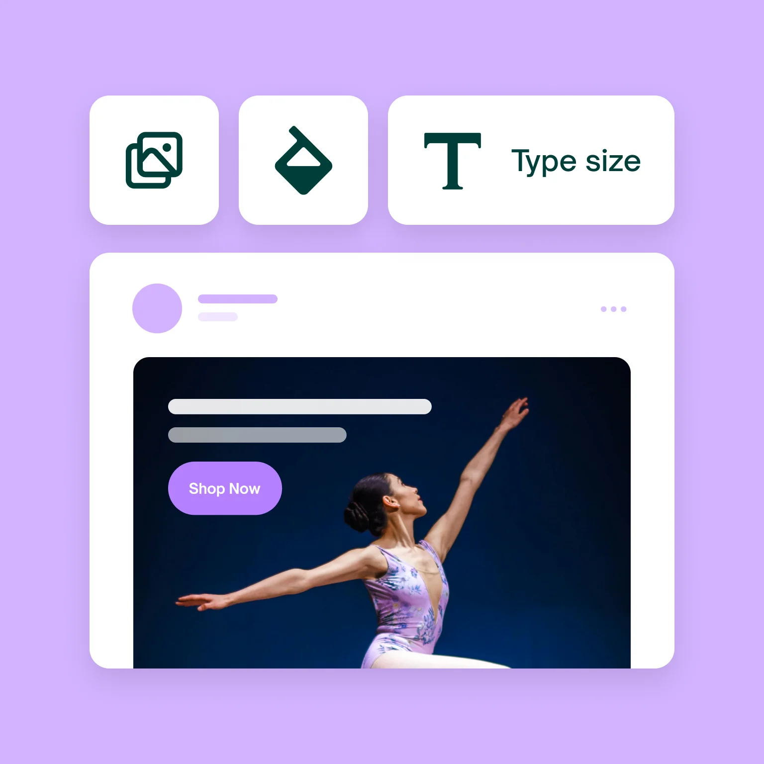 Editing screen with customization icons and an ad example featuring a ballerina.