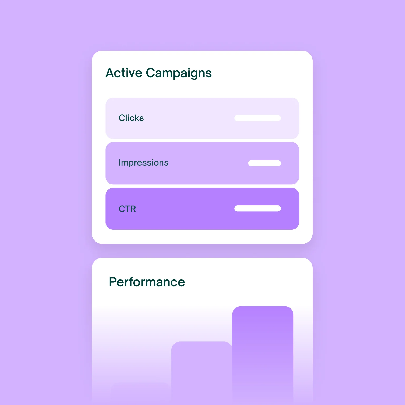 UI for digital ad campaigns showing metrics like clicks, impressions, and CTR in purple tones.