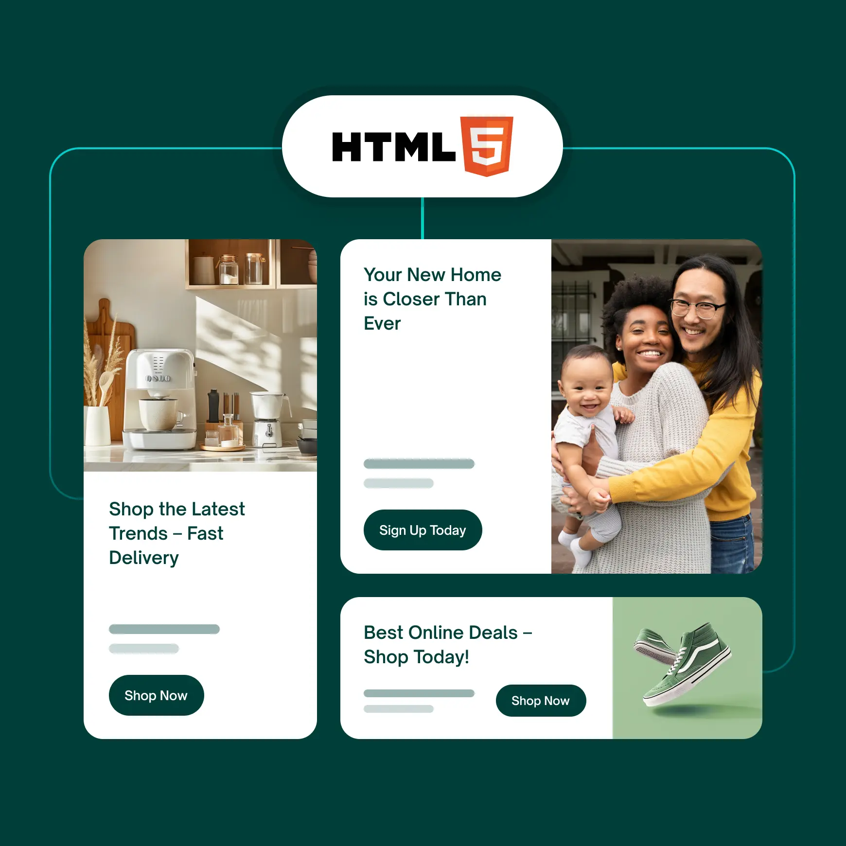 HTML5 digital ad examples featuring a coffee maker, a family, and shoes, emphasizing online shopping and fast delivery.