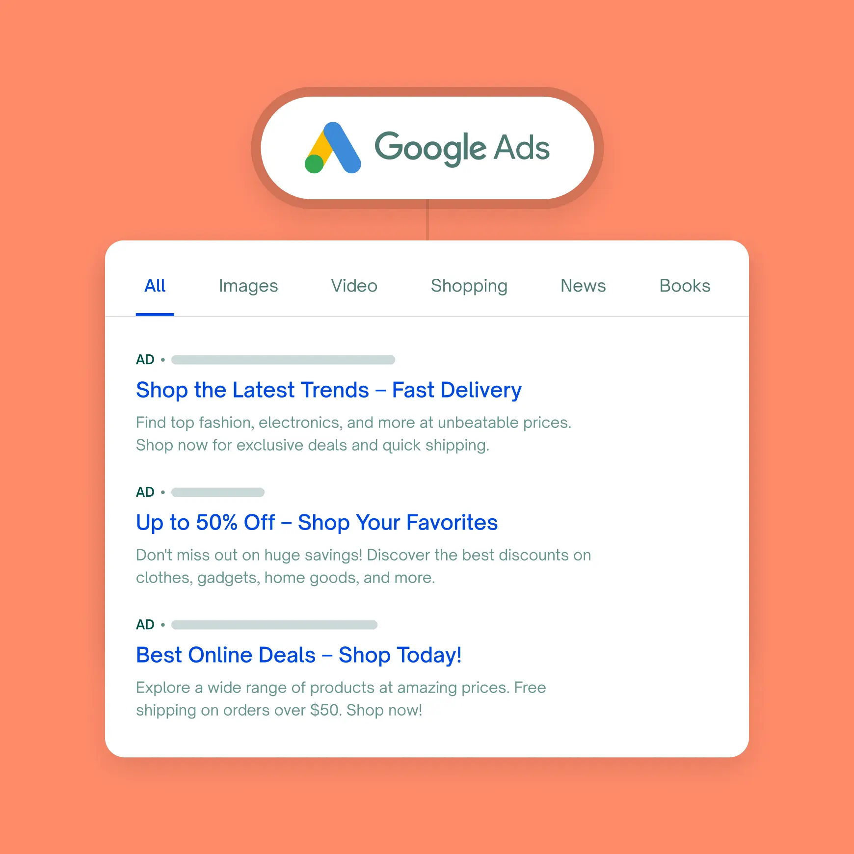 Google Ads search result page displaying fashion and shopping promotions with various discount offers