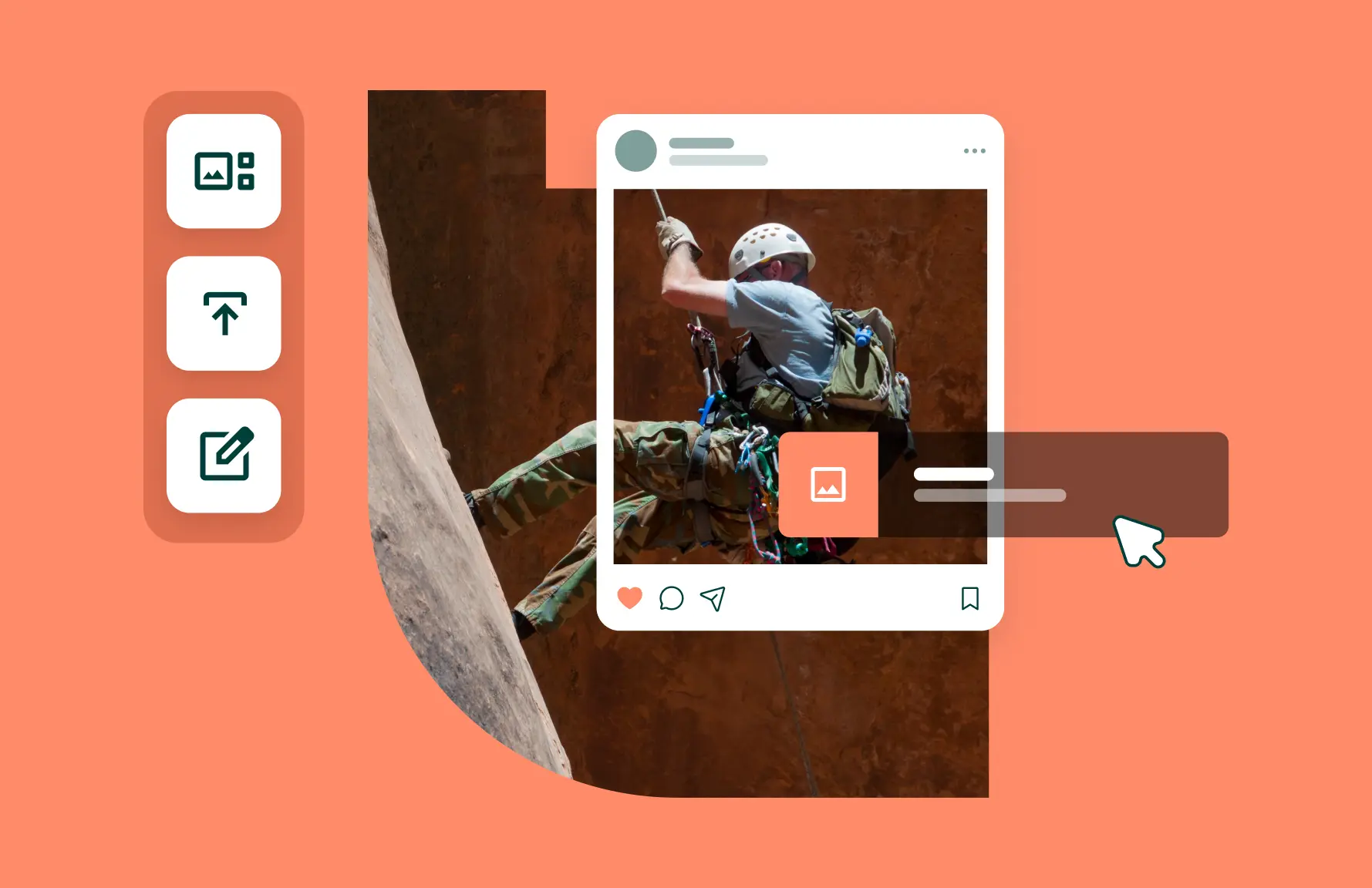 Social media ad creation interface featuring customization tools and a preview of a rock climber image